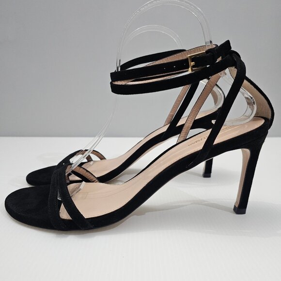 NEW Stuart Weitzman Lexie Sandal Heel Wraparound Ankle Black Suede Size 9.5 - Picture 1 of 14